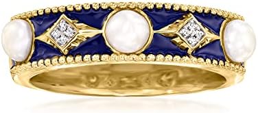 Ross-Simons 3.5-4mm Cultured Button Pearl Ring With Blue Enamel and Diamond Accents in 18kt Gold Over Sterling